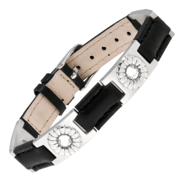 Black Leather Gem Stainless Magnetic Bracelet
